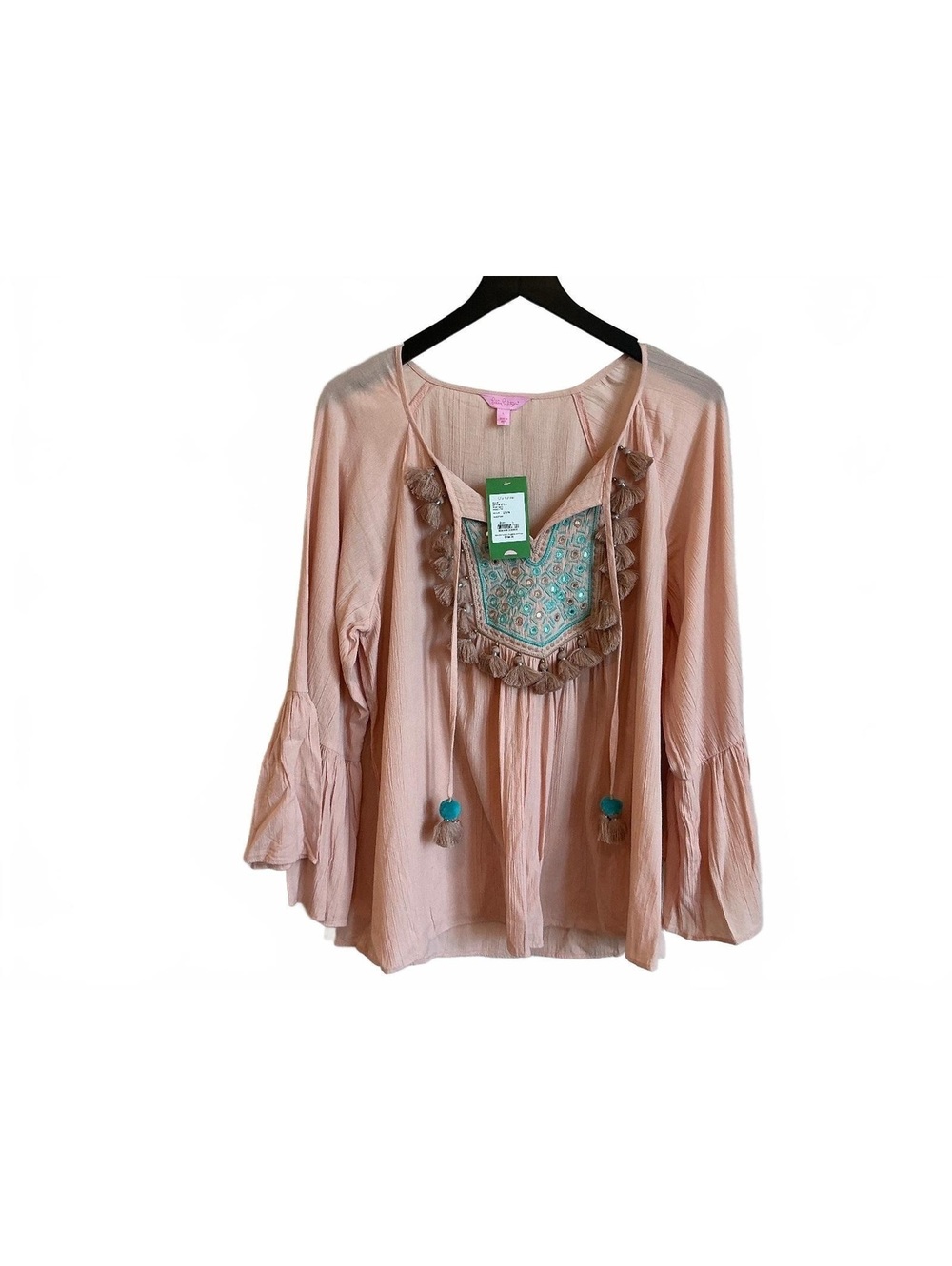 Lilly Pulitzer Sandstone Tassel Embroidered Blouse, Size Large